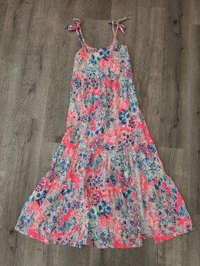 Floral Print Maxi sun Dress With Adjustable Tie Straps tropical Women's Size M